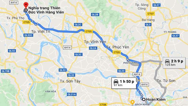 Nghĩa trang Thiên Đức cách trung tâm Hà Nội 97km